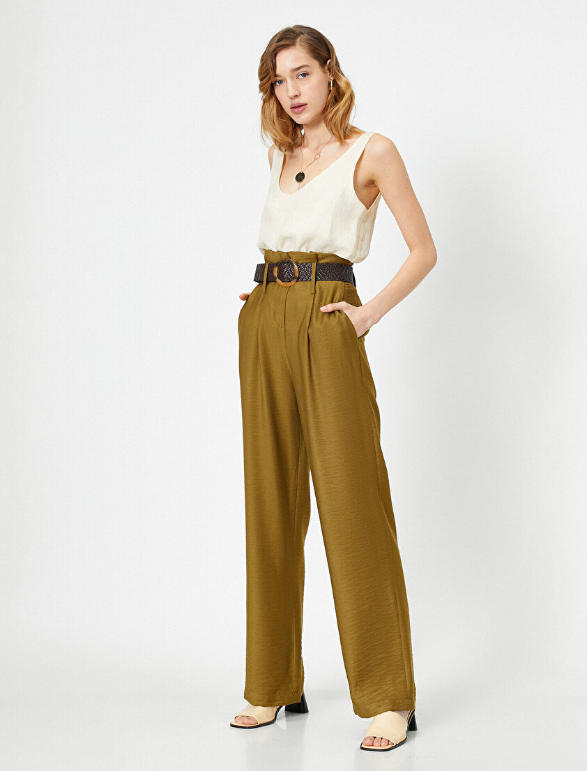 Kemer Detaylı Yüksek Bel Cep Detaylı Pantolon