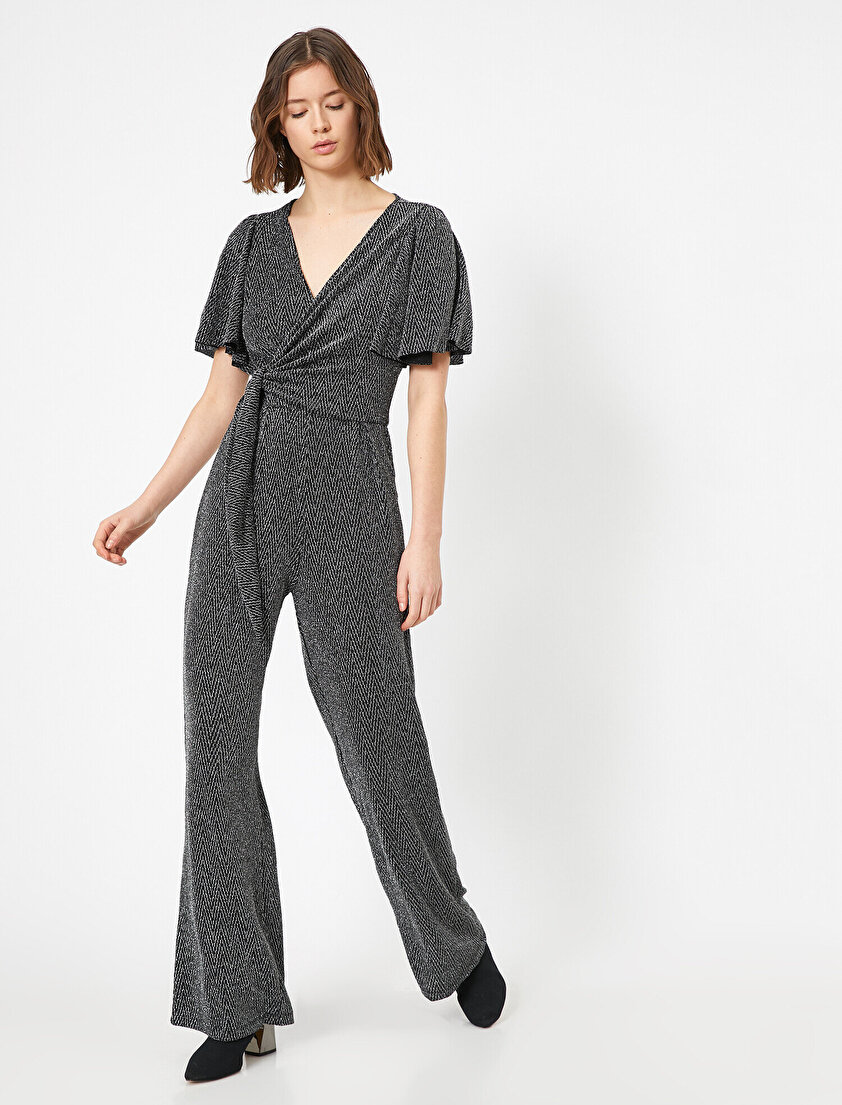 Metalik Kruvaze Bağcık Detaylı Geniş Uzun Paça Tulum