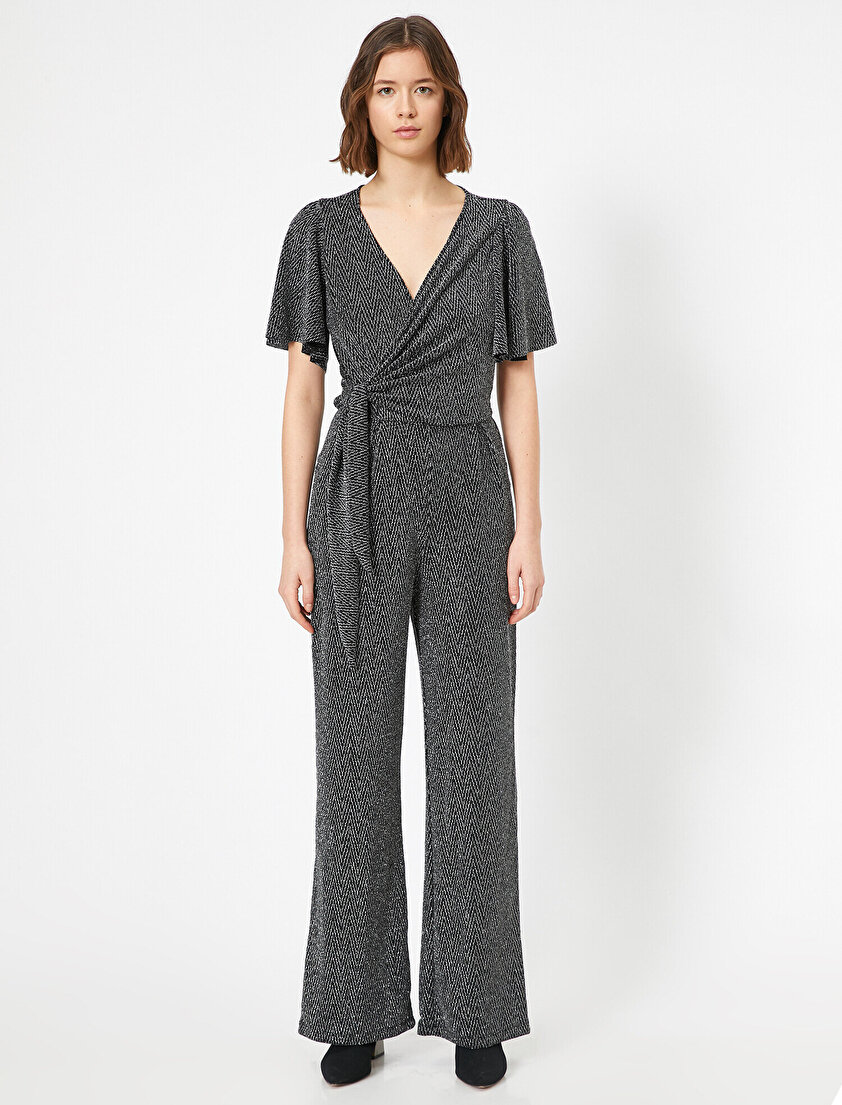 Metalik Kruvaze Bağcık Detaylı Geniş Uzun Paça Tulum