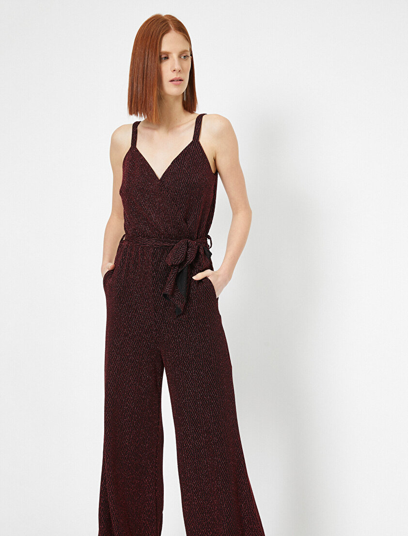 Simli Kruvaze Kalın Askılı Bağcık Detaylı Geniş Uzun Paça Tulum