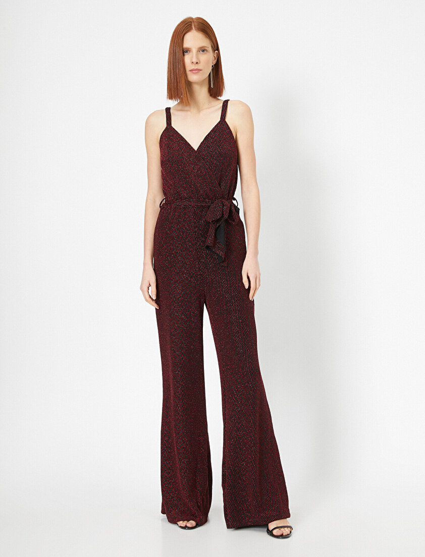 Simli Kruvaze Kalın Askılı Bağcık Detaylı Geniş Uzun Paça Tulum