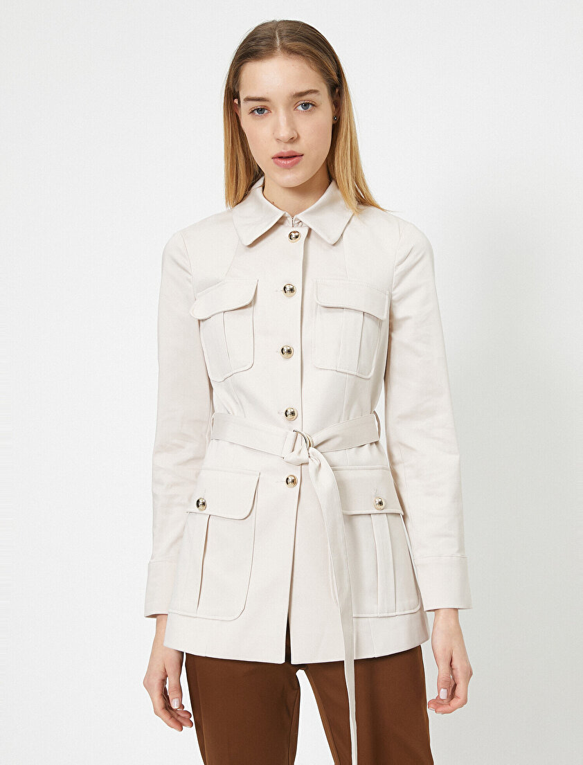 Cep ve Düğme Detaylı Uzun Blazer