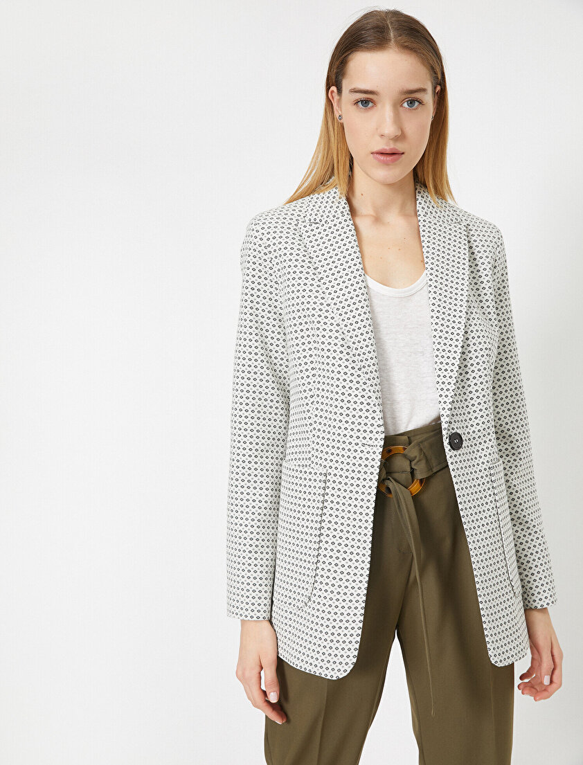 Tek Düğmeli Cep Detaylı Pötikare Desenli Ceket