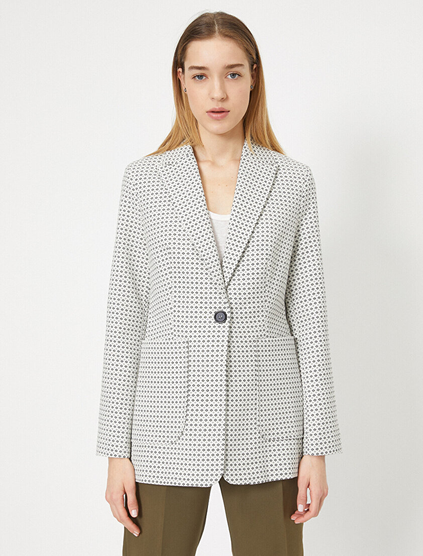 Tek Düğmeli Cep Detaylı Pötikare Desenli Ceket