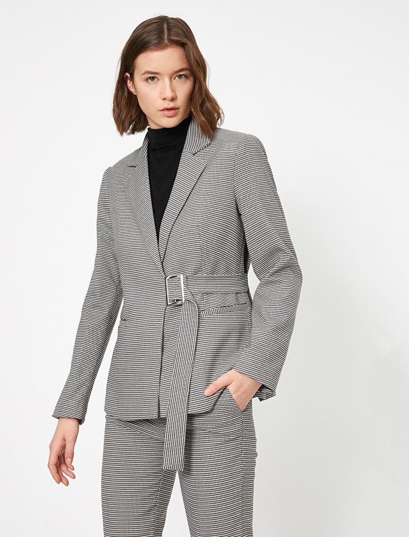 Ekoseli Beli Bağlama Detaylı Blazer Cket