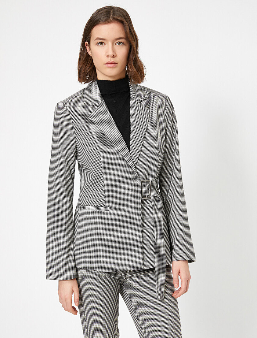 Ekoseli Beli Bağlama Detaylı Blazer Cket