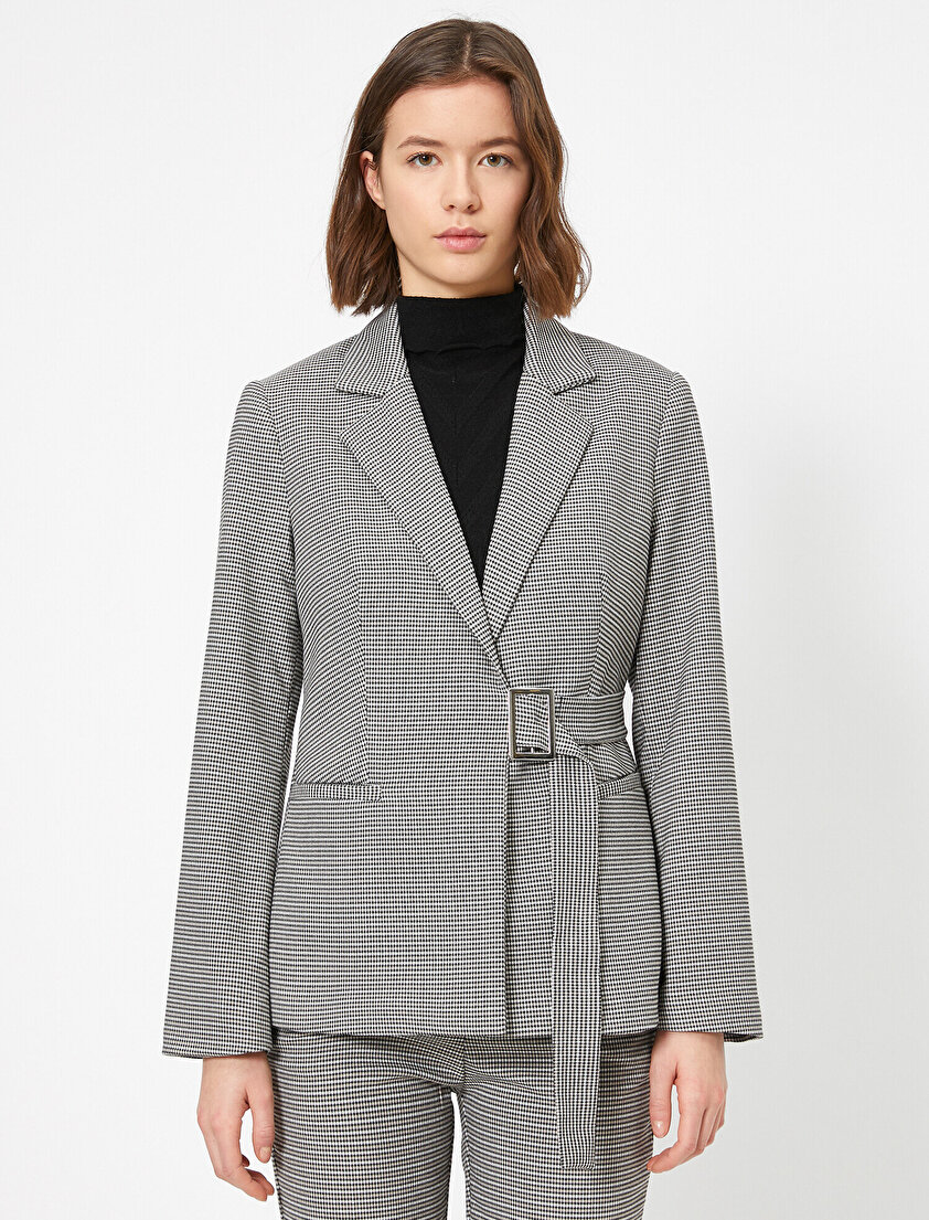 Ekoseli Beli Bağlama Detaylı Blazer Cket