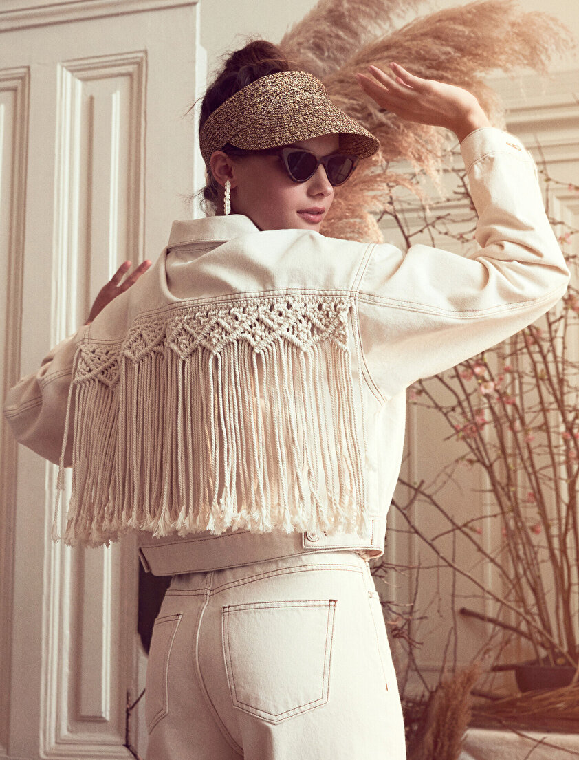 El Emeği Püskül Detaylı Jean Ceket