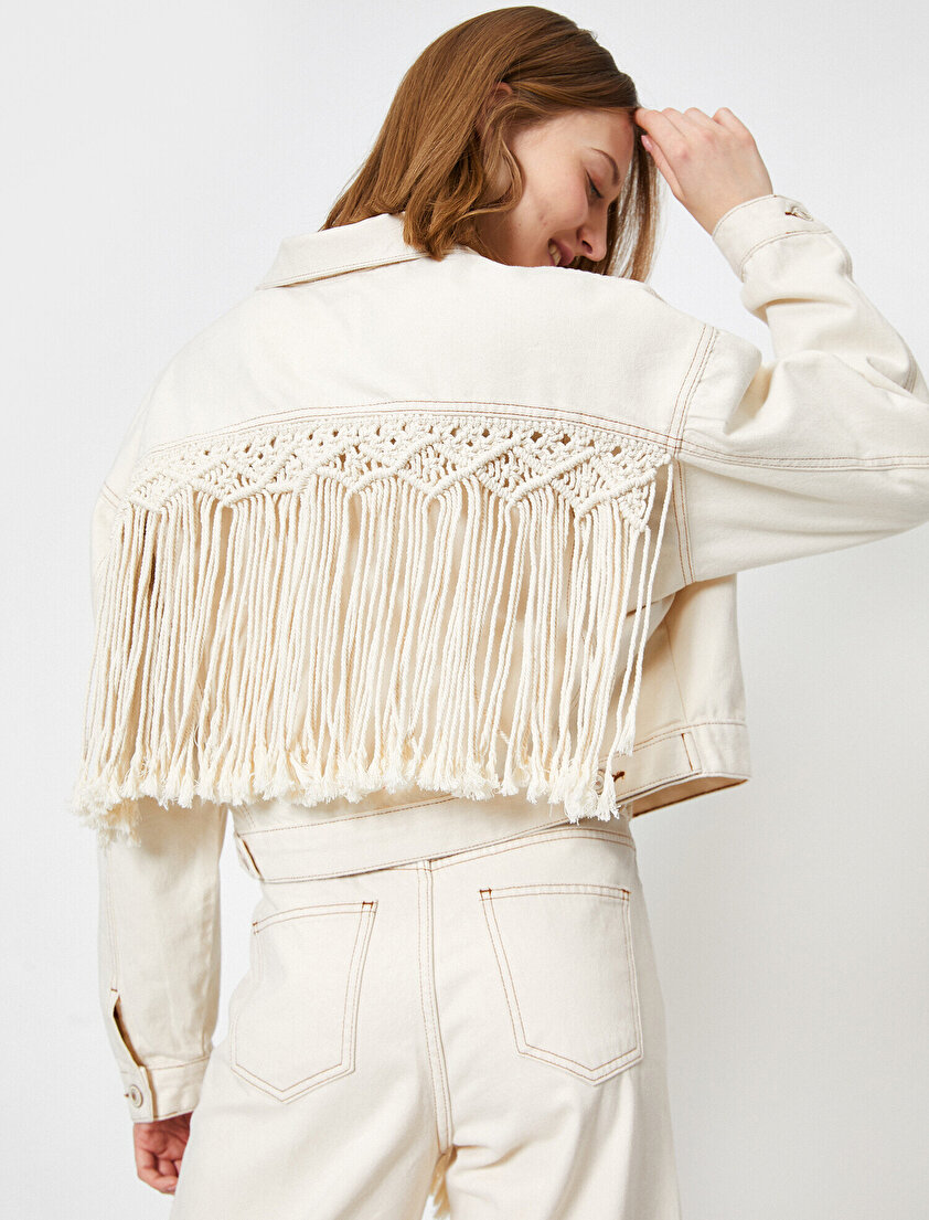 El Emeği Püskül Detaylı Jean Ceket