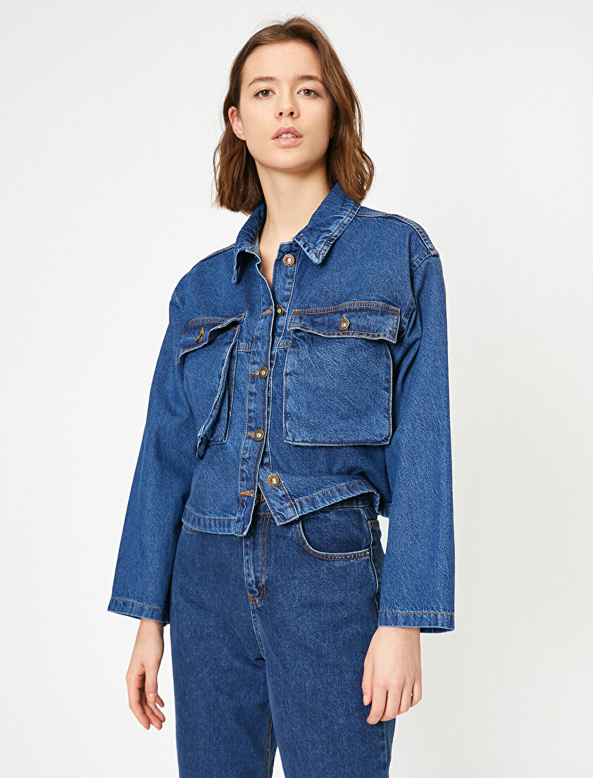 Düğme Detaylı Jean Ceket