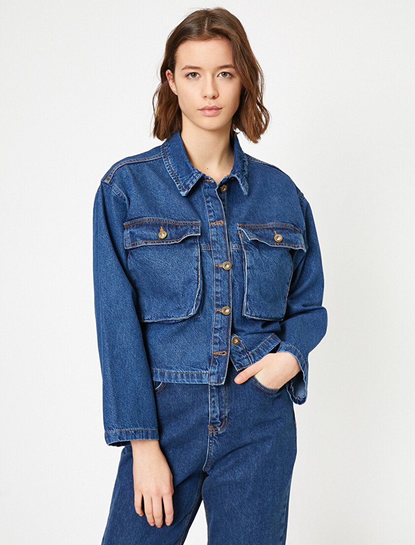 Düğme Detaylı Jean Ceket