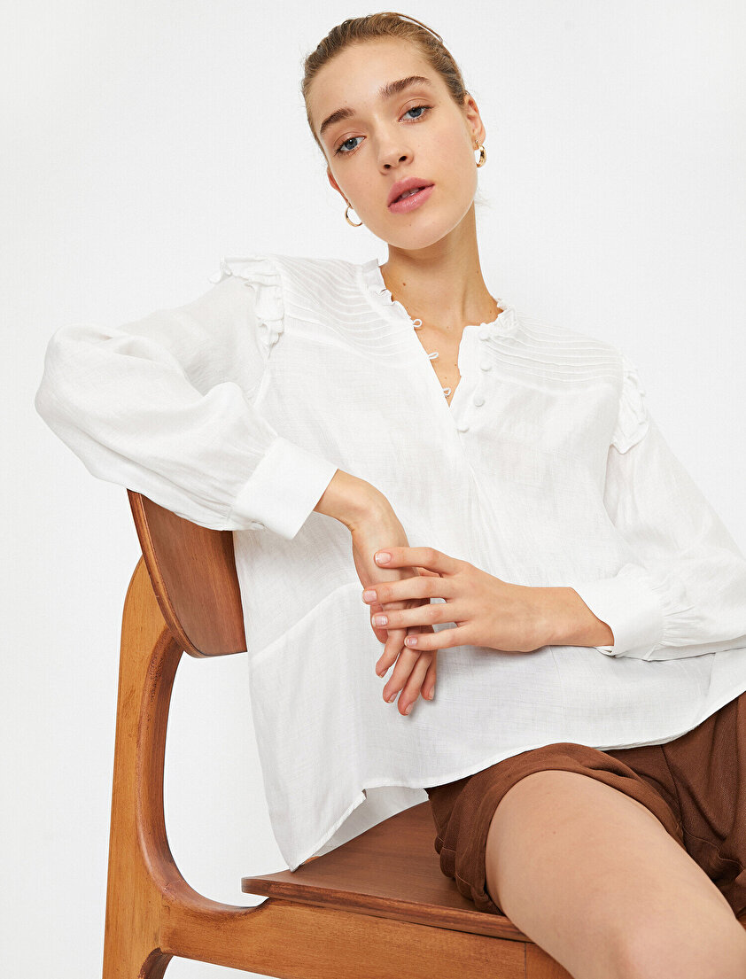 Uzun Kollu Fırfırlı Bluz