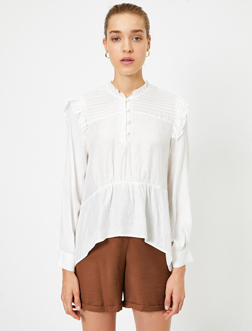 Uzun Kollu Fırfırlı Bluz