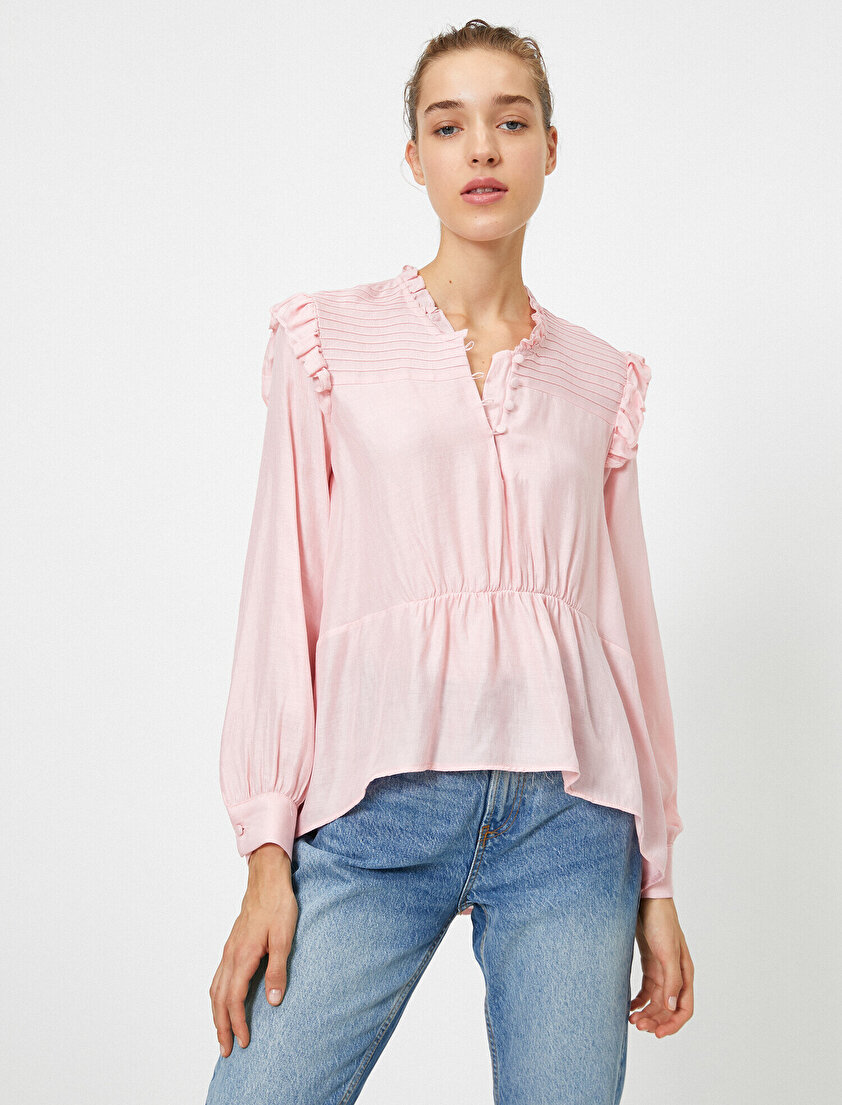 Uzun Kollu Fırfırlı Bluz