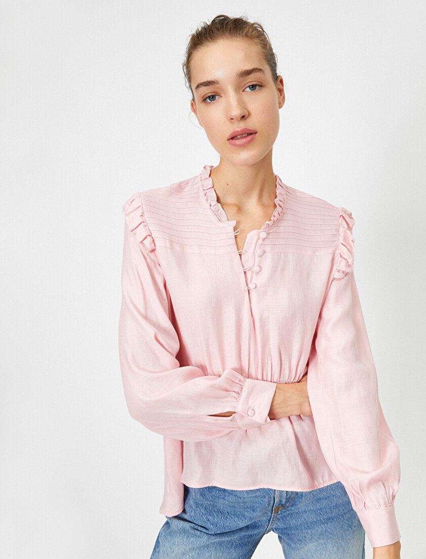 Uzun Kollu Fırfırlı Bluz