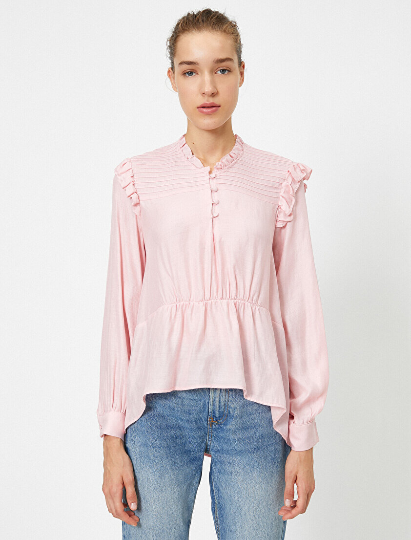 Uzun Kollu Fırfırlı Bluz