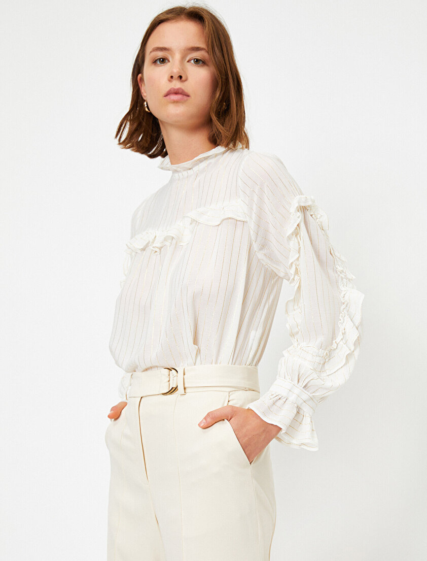 Bisiklet Yaka Uzun Kollu Fırfırlı Bluz