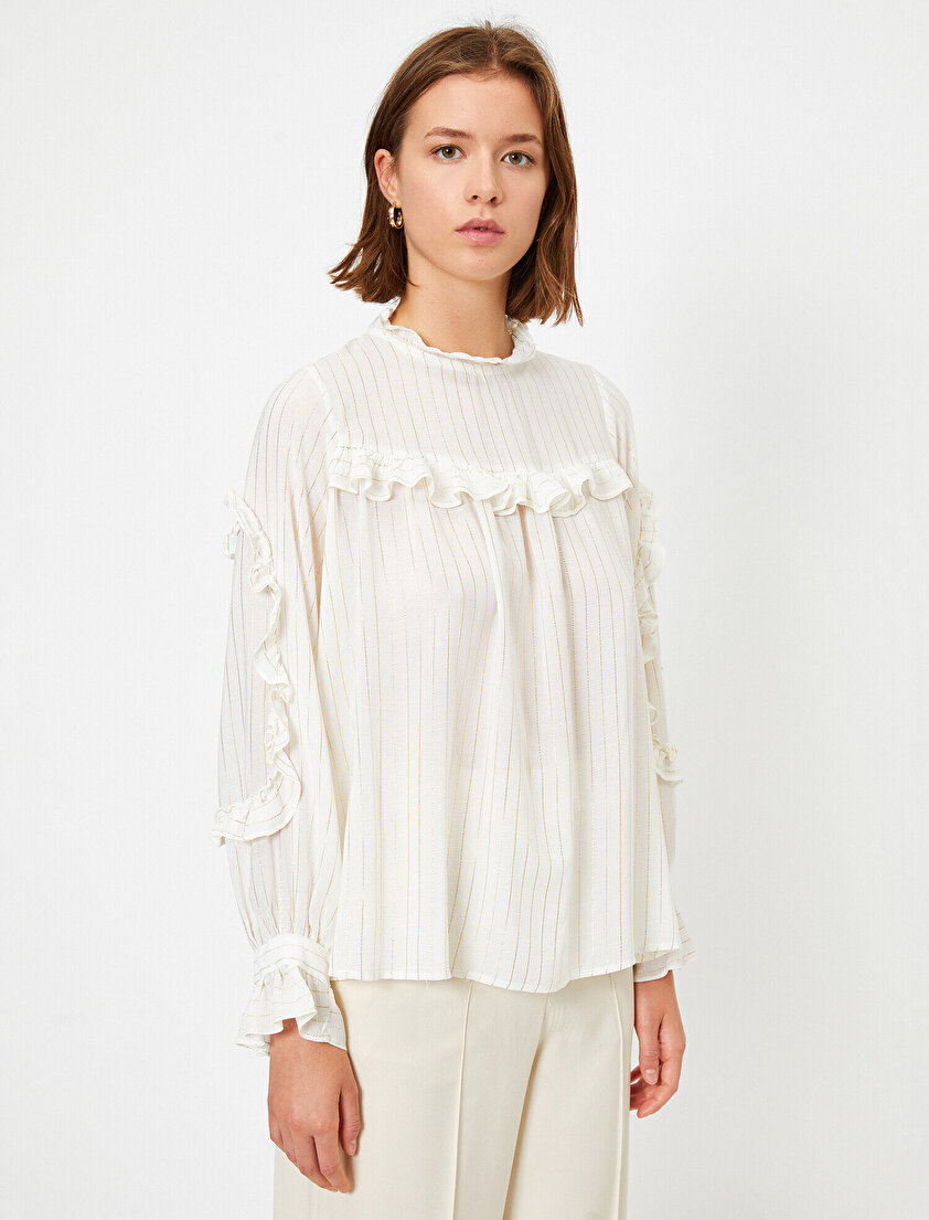 Bisiklet Yaka Uzun Kollu Fırfırlı Bluz