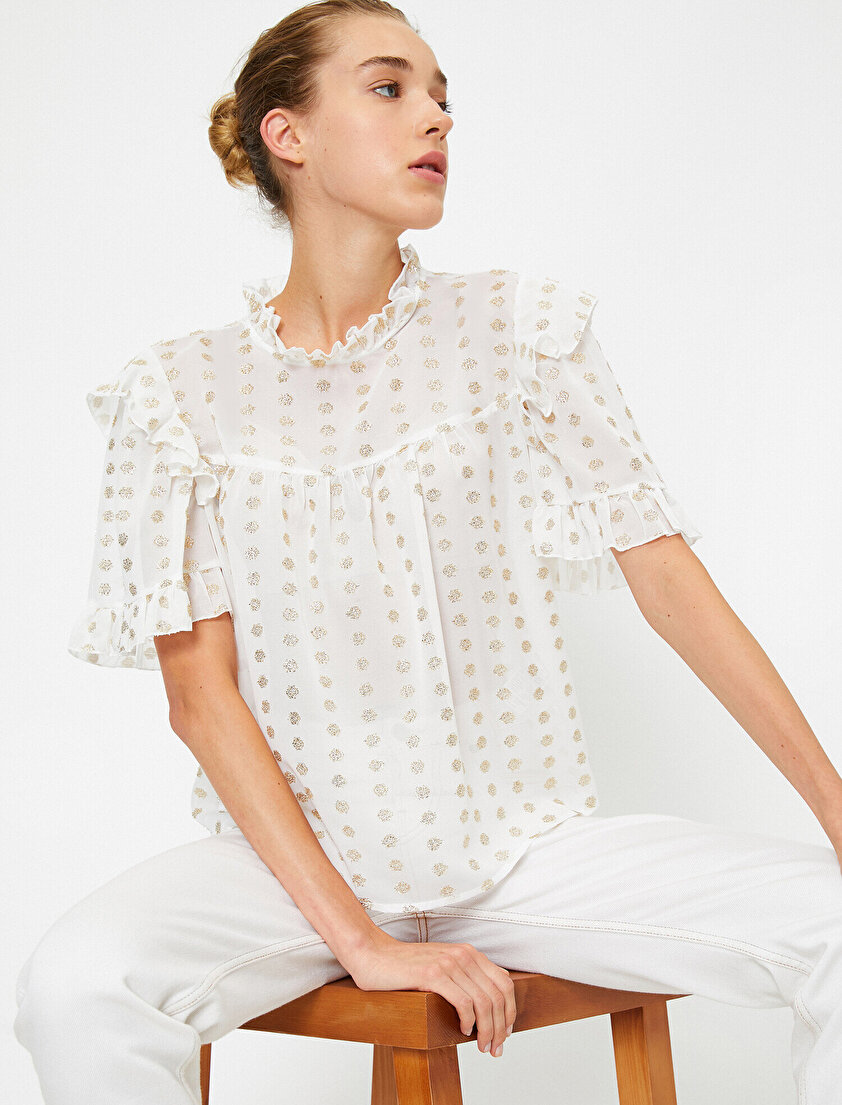 Bisiklet Yaka Volanlı Kısa Kollu Bluz