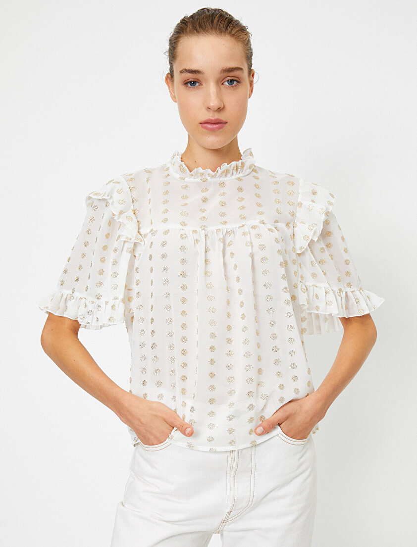 Bisiklet Yaka Volanlı Kısa Kollu Bluz