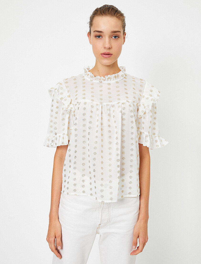 Bisiklet Yaka Volanlı Kısa Kollu Bluz