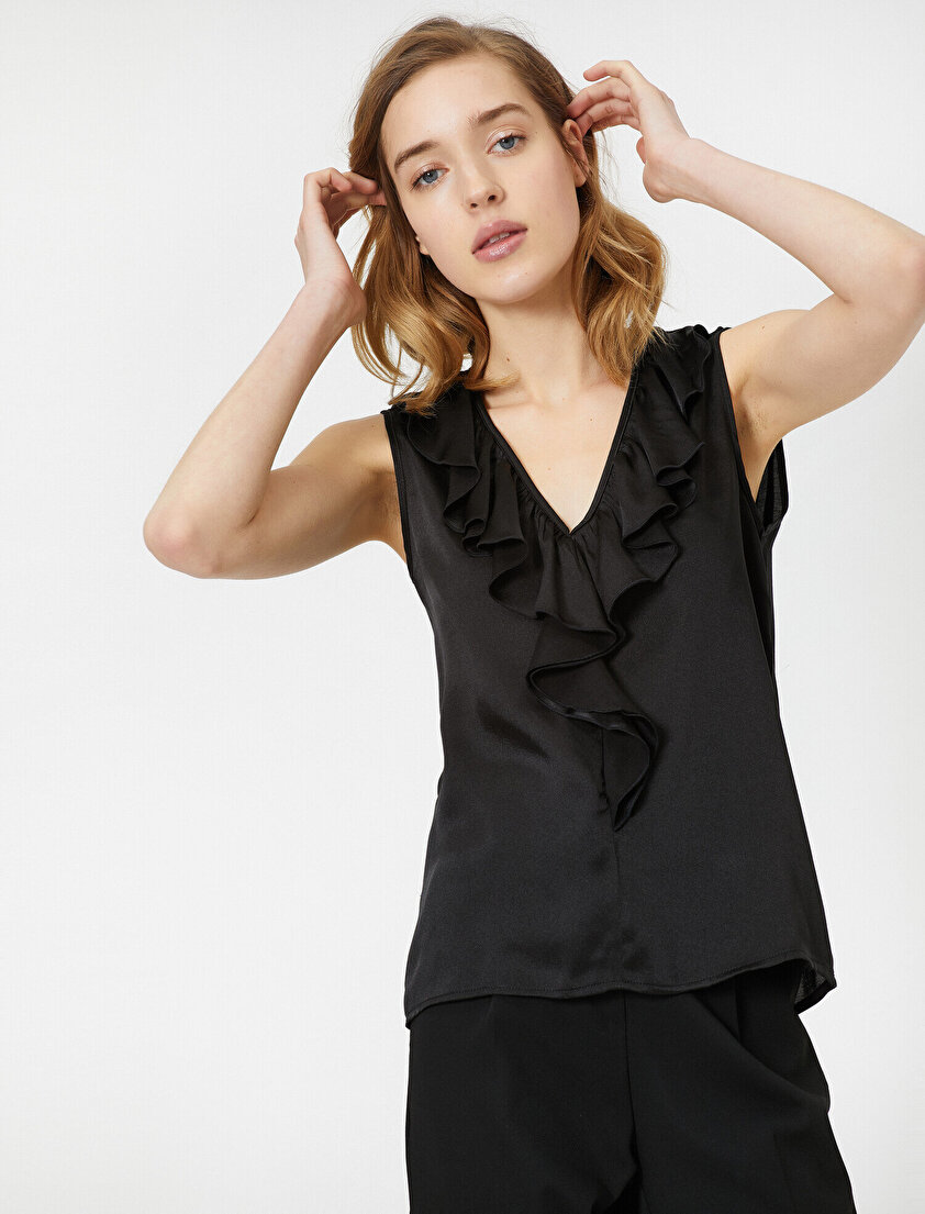 V Yaka Kolsuz Fırfır Detaylı Bluz