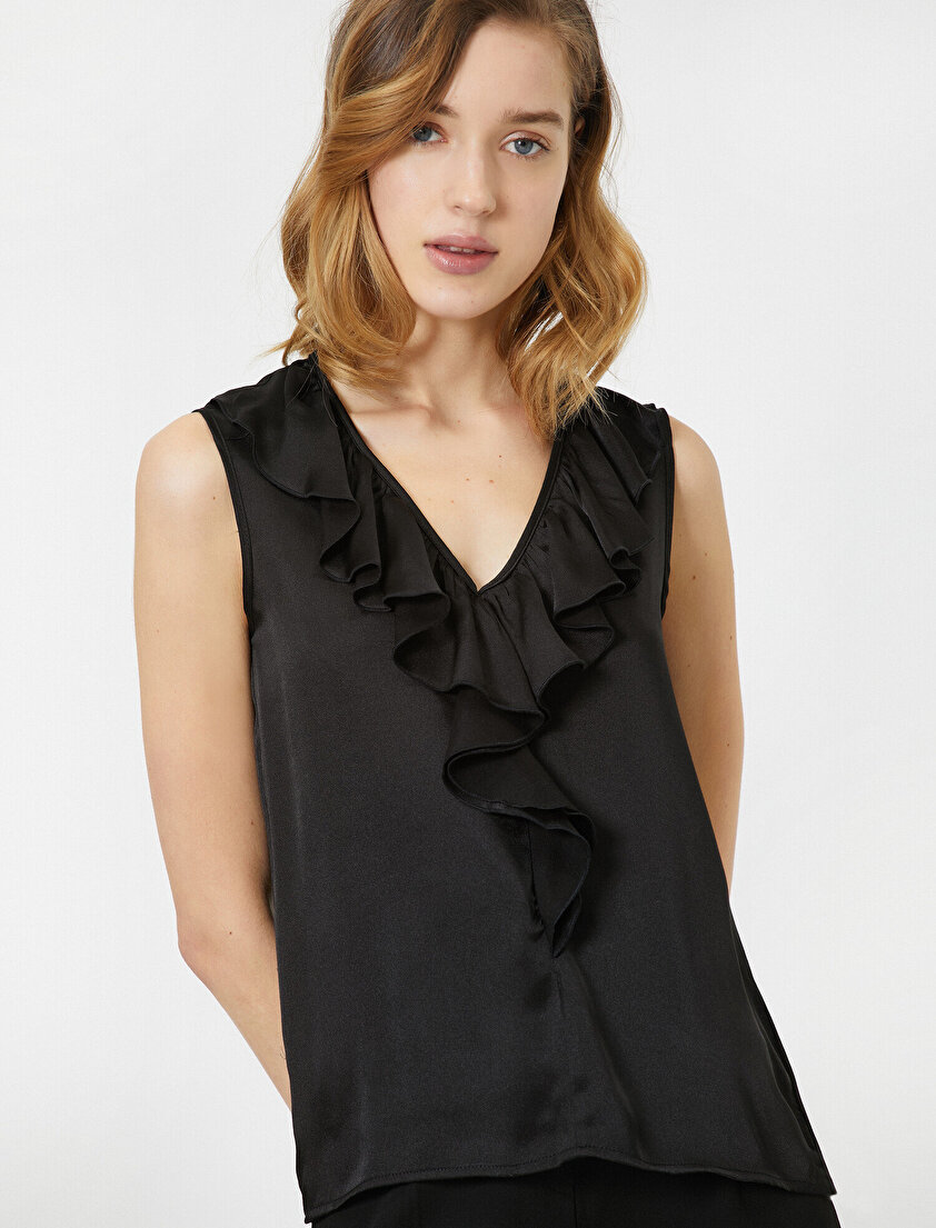 V Yaka Kolsuz Fırfır Detaylı Bluz