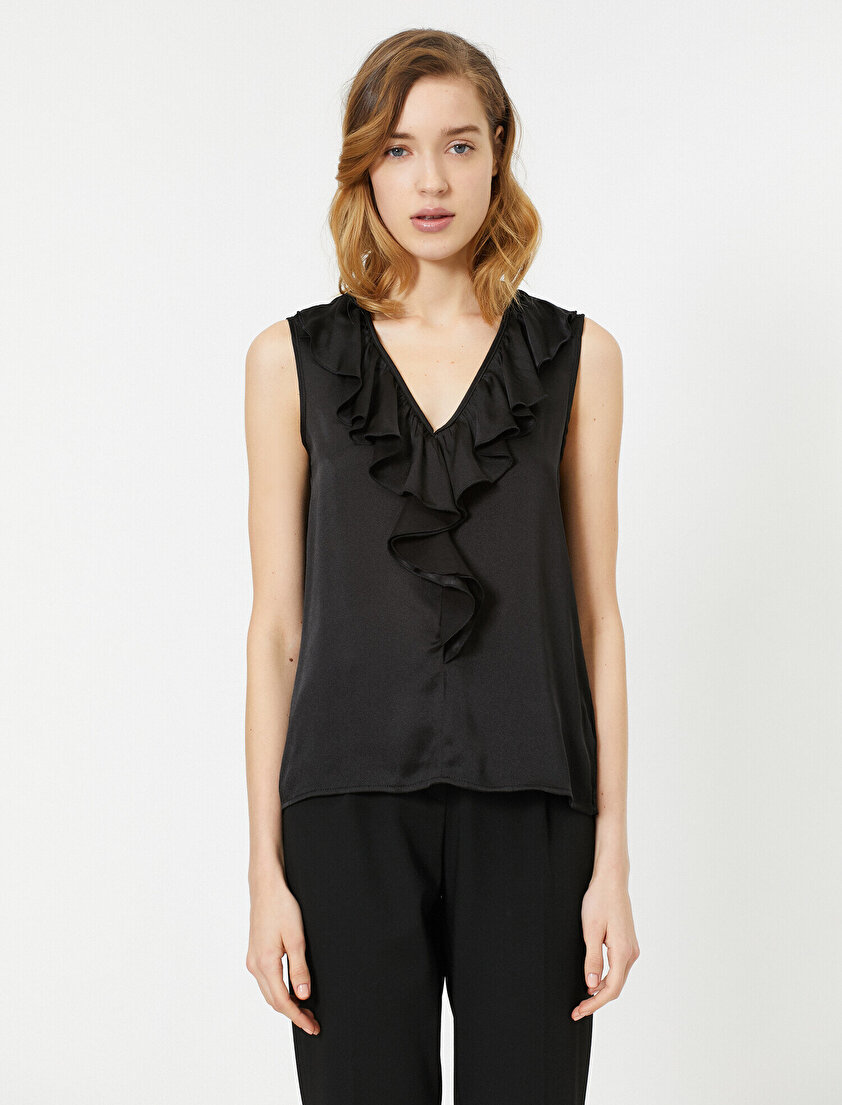 V Yaka Kolsuz Fırfır Detaylı Bluz