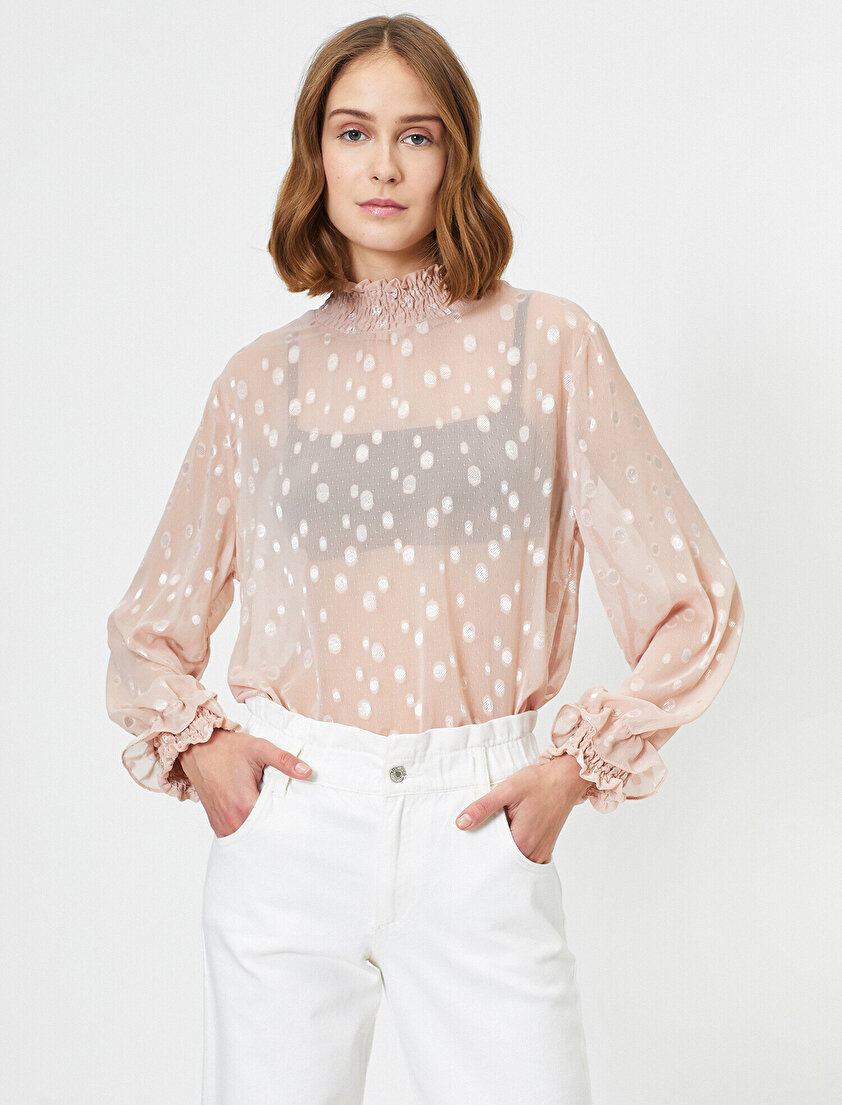 Uzun Kollu Puantiye Desenli Bluz