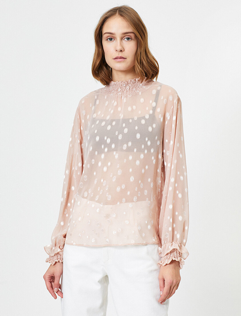 Uzun Kollu Puantiye Desenli Bluz