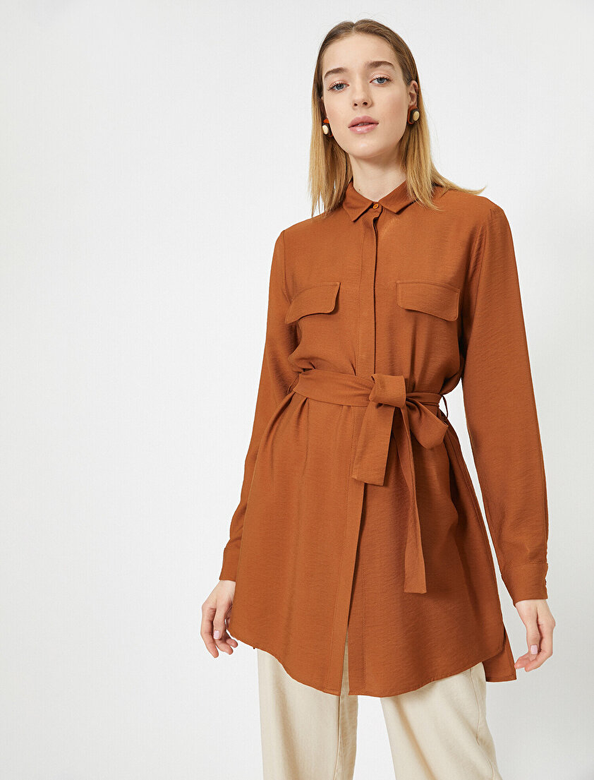 Klasik Yaka Beli Bağlamalı Cep Detaylı Tunik