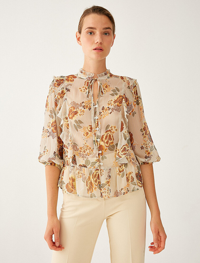 Çiçek Desenli Yaka Bağlamalı Uzun Kollu Fırfır Detaylı Gömlek