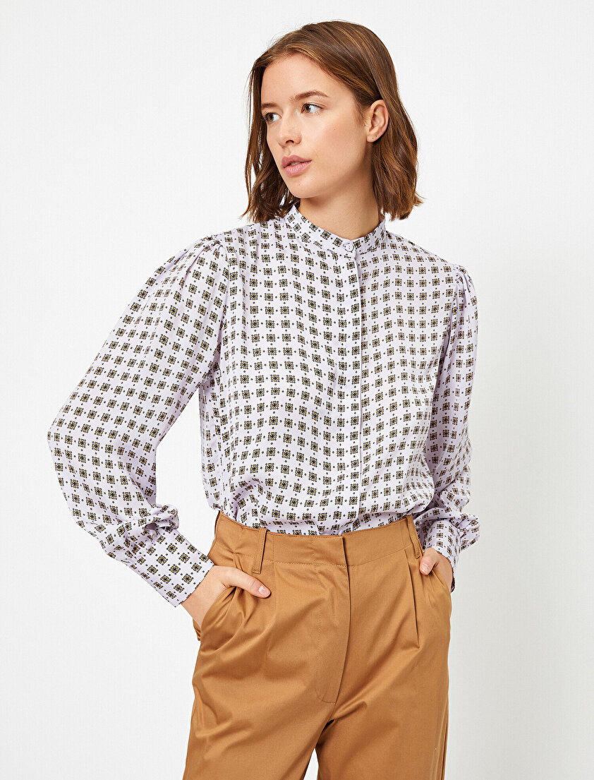 Düğmeli Uzun Kollu Desenli Gömlek