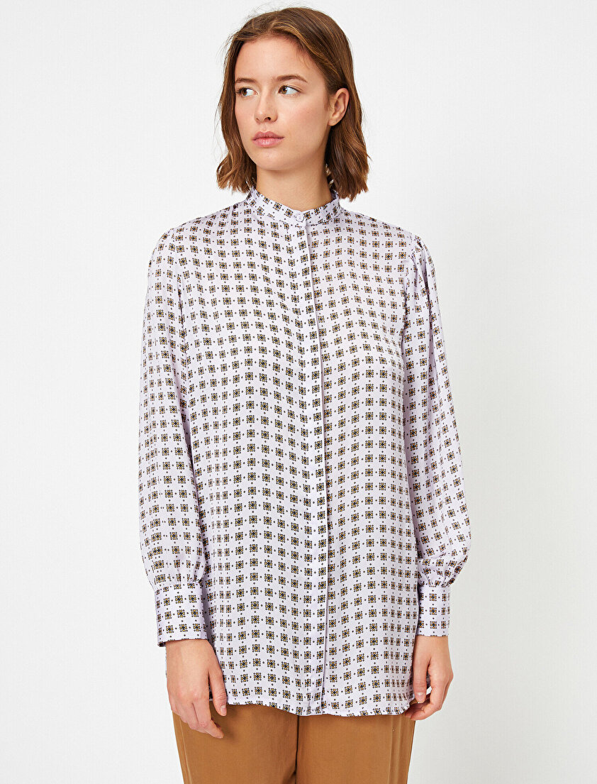 Düğmeli Uzun Kollu Desenli Gömlek