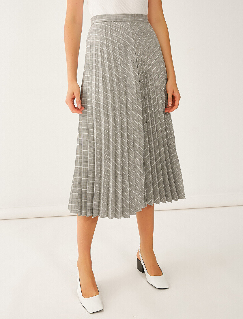 Çizgili Pilili Midi Boy Etek