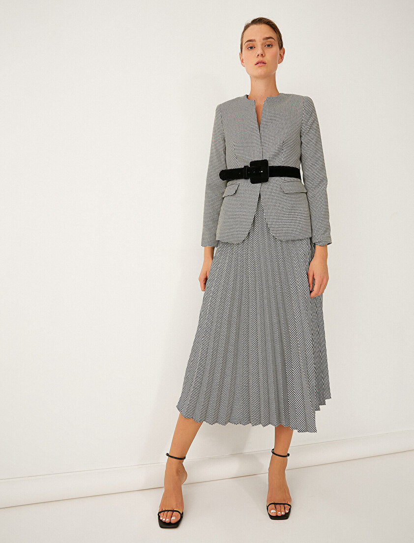 Pileli Kemerli Midi Etek