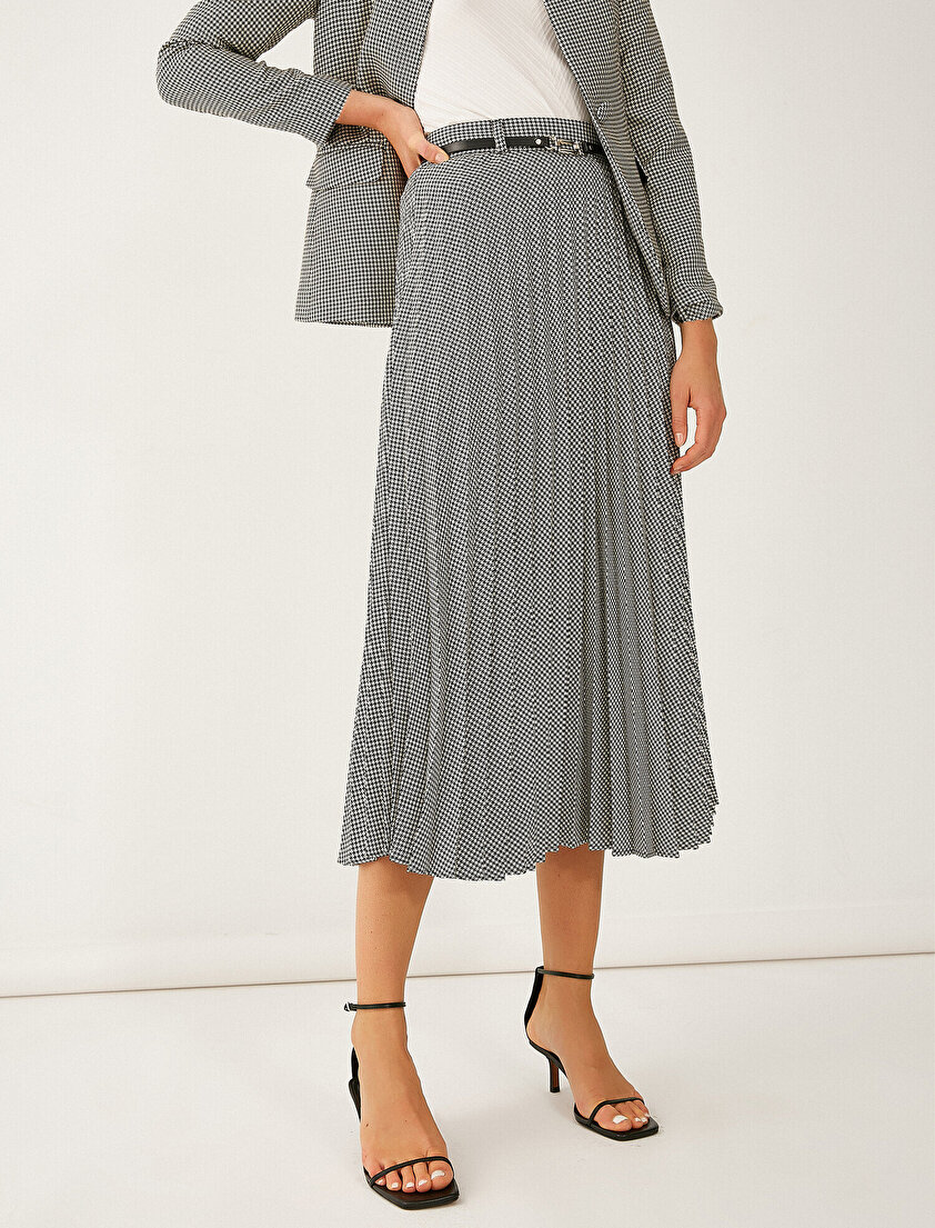 Pileli Kemerli Midi Etek