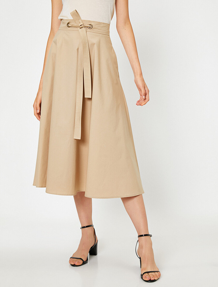 Kuşak Detaylı A Line Pamuklu Midi Etek