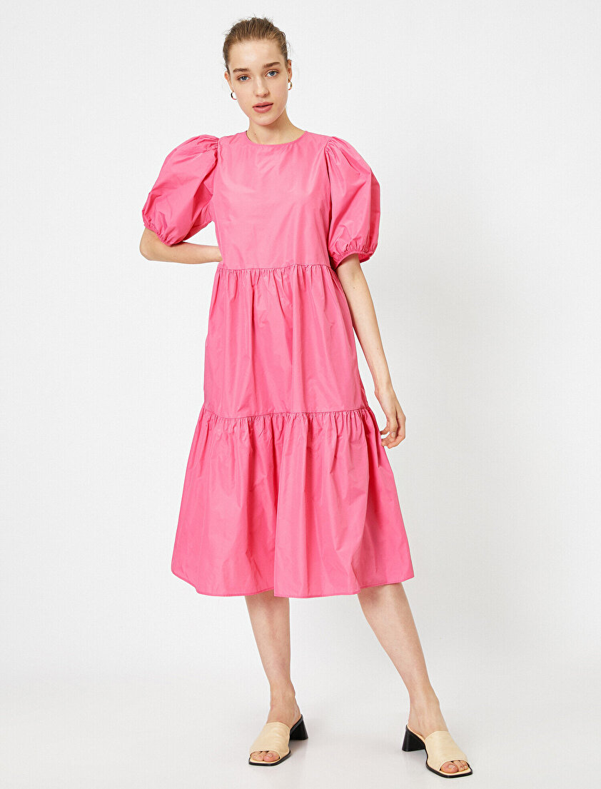 Balon Kollu Bisiklet Yaka Midi Elbise