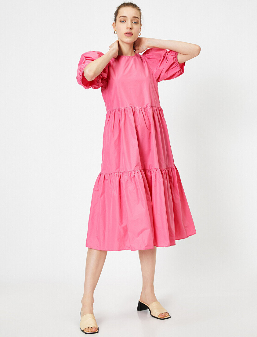 Balon Kollu Bisiklet Yaka Midi Elbise