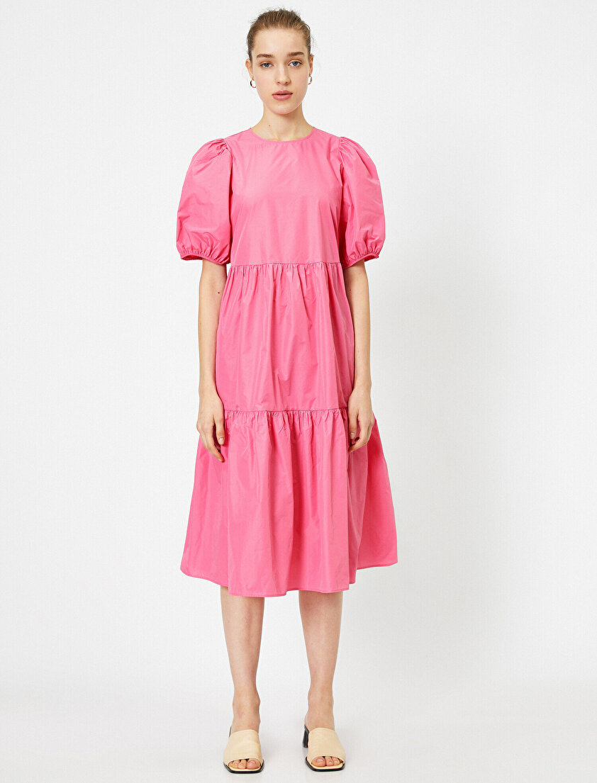 Balon Kollu Bisiklet Yaka Midi Elbise