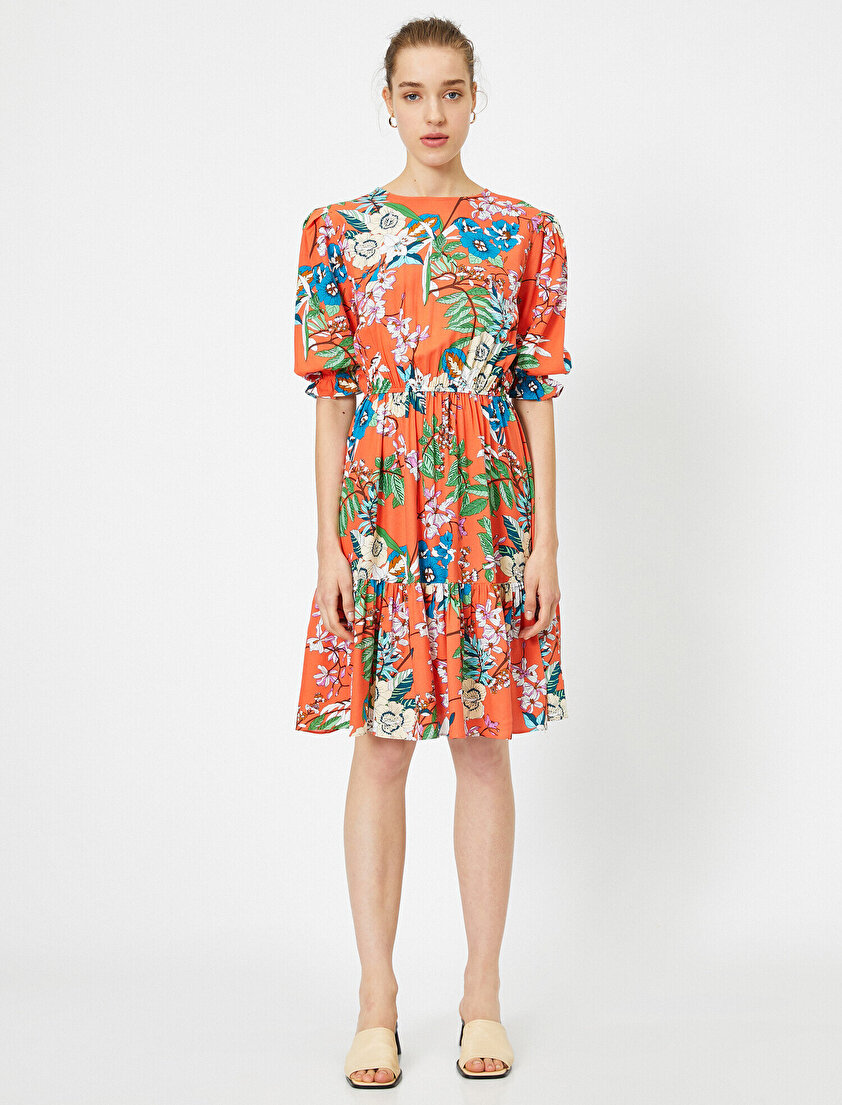 Bisiklet Yaka Kısa Kollu Beli Büzgülü Çiçek Desenli Elbise