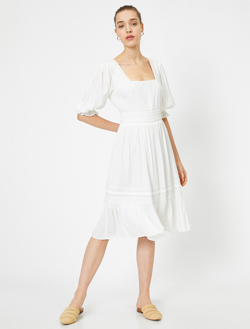 Balon Kollu Kare Yaka Midi Elbise