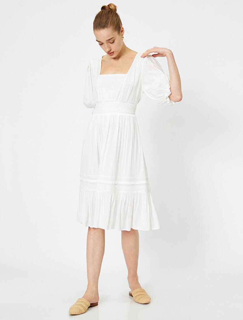 Balon Kollu Kare Yaka Midi Elbise