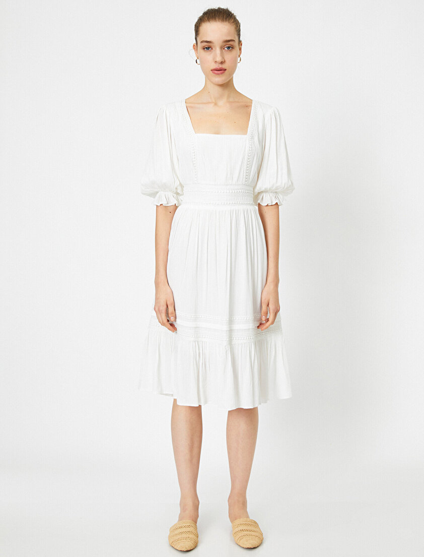 Balon Kollu Kare Yaka Midi Elbise