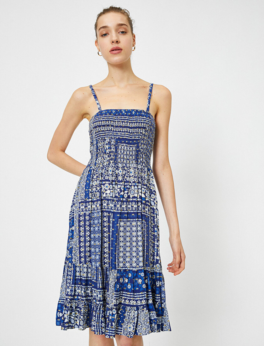 İnce Askılı Etnik Desenli Elbise