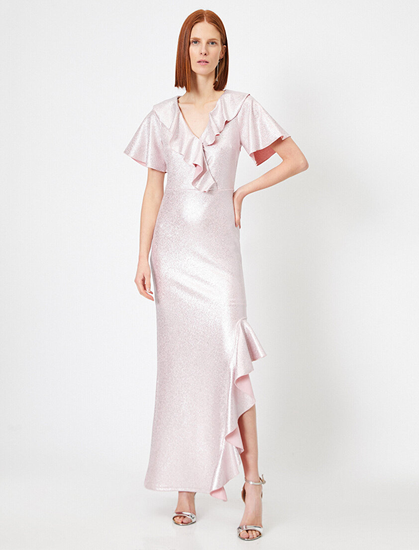 Metalik Volanlı Yırtmaç Detaylı V Yaka Kolsuz Uzun Abiye Elbise