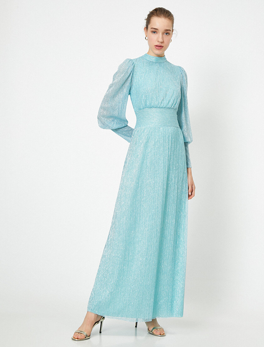 Yaka Detaylı Uzun Kollu Sim Detaylı Maxi Elbise