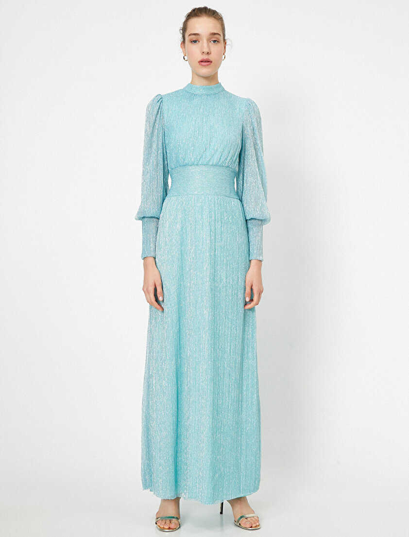 Yaka Detaylı Uzun Kollu Sim Detaylı Maxi Elbise