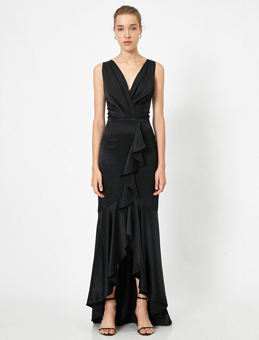 Volan Detaylı V Yaka Yırtmaçlı Elbise